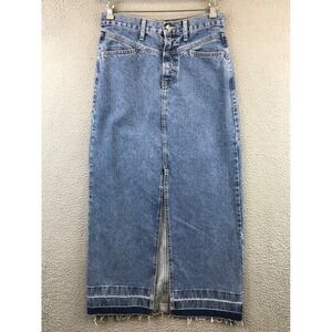 MNG Denim Maxi Skirt Blue Wash Frayed Hem Front Slit Size M